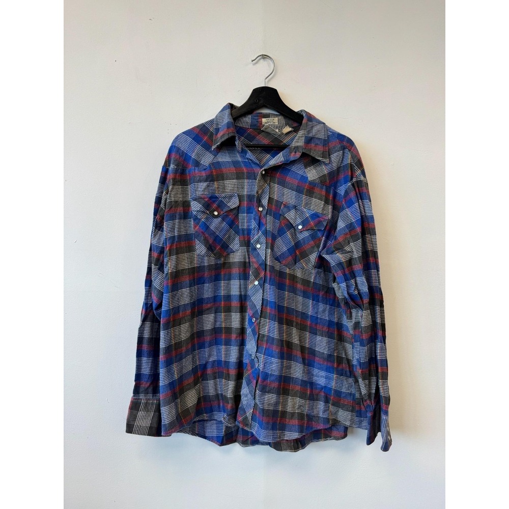 Vintage Lee Shirt XL Blue Red Plaid Flannel Western Snap Front Cotton Casual Top